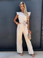 Einfache Damen-Jumpsuit | Kurze Puffärmel | Lange Hosenbeine | Gürtel-Beige-S-Luzern Mode