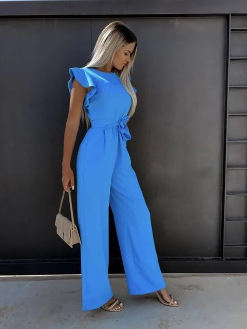 Einfache Damen-Jumpsuit | Kurze Puffärmel | Lange Hosenbeine | Gürtel-Blau-S-Luzern Mode