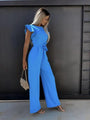 Einfache Damen-Jumpsuit | Kurze Puffärmel | Lange Hosenbeine | Gürtel-Blau-S-Luzern Mode