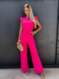 Einfache Damen-Jumpsuit | Kurze Puffärmel | Lange Hosenbeine | Gürtel-Knalliges Pink-S-Luzern Mode