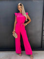 Einfache Damen-Jumpsuit | Kurze Puffärmel | Lange Hosenbeine | Gürtel-Knalliges Pink-S-Luzern Mode
