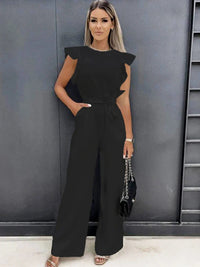 Einfache Damen-Jumpsuit | Kurze Puffärmel | Lange Hosenbeine | Gürtel-Schwarz-S-Luzern Mode