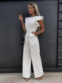 Einfache Damen-Jumpsuit | Kurze Puffärmel | Lange Hosenbeine | Gürtel-Weiß-S-Luzern Mode