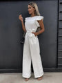 Einfache Damen-Jumpsuit | Kurze Puffärmel | Lange Hosenbeine | Gürtel-Weiß-S-Luzern Mode