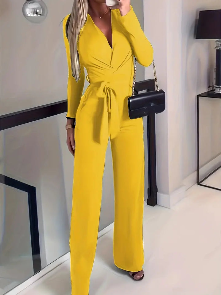 Eleganter Damen Jumpsuit mit Gürtel für besondere Anlässe-Gelb-S-Luzern Mode