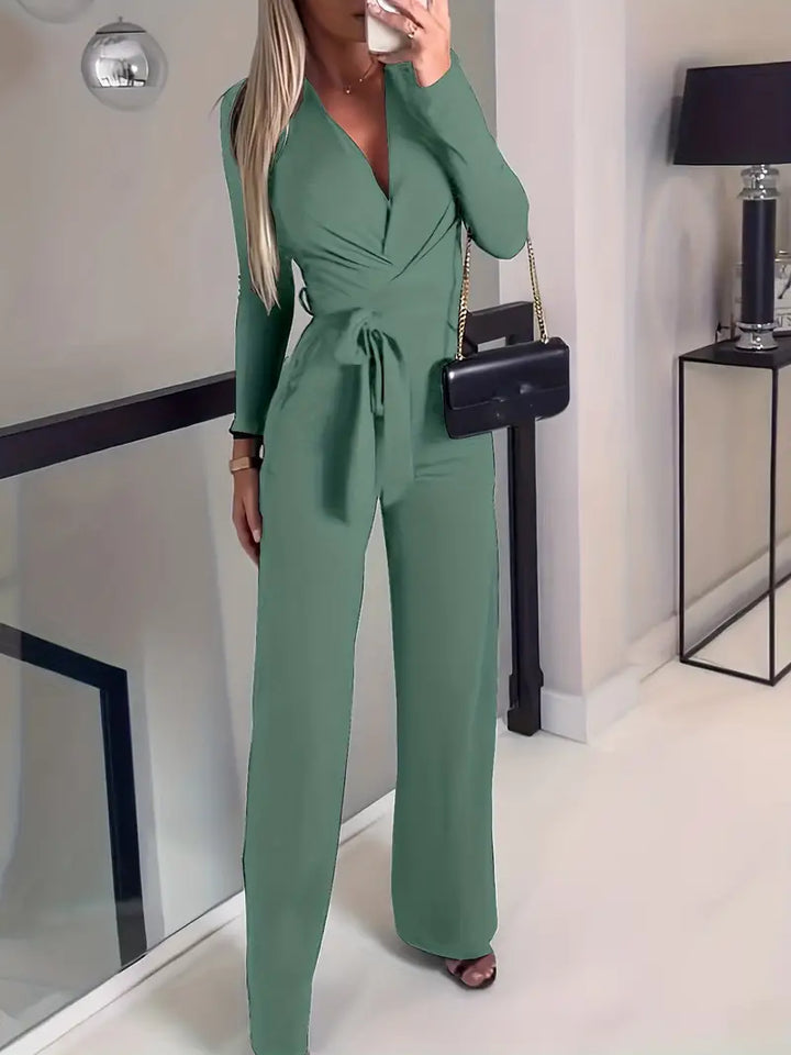 Eleganter Damen Jumpsuit mit Gürtel für besondere Anlässe-Grün-S-Luzern Mode