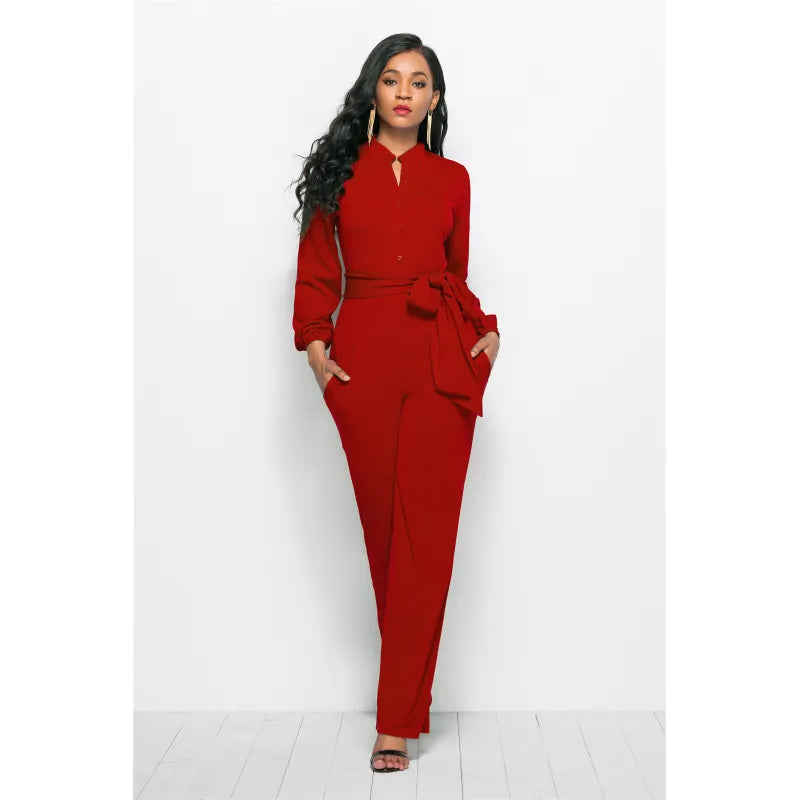 Eleganter Damen Jumpsuit mit Gürtel für besondere Anlässe-Rot-S-Luzern Mode