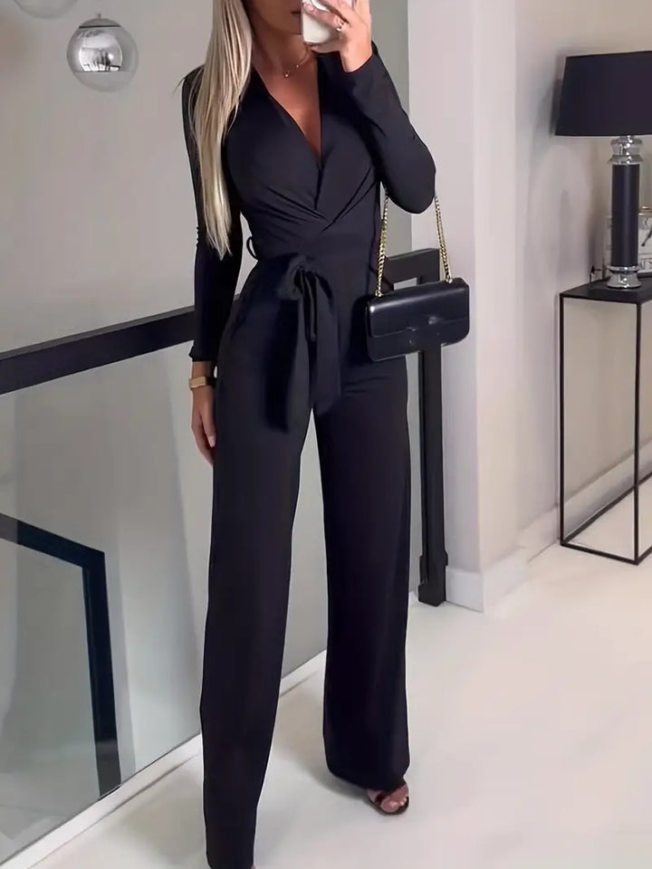 Eleganter Damen Jumpsuit mit Gürtel für besondere Anlässe-Schwarz-S-Luzern Mode