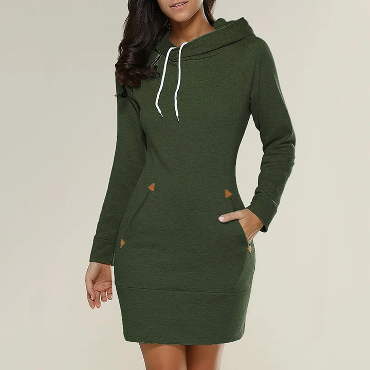 Sweatkleid | Taschen | Kaputzen | Knielang | Lange Ärmel | Einfarbig-Grün-S-Luzern Mode