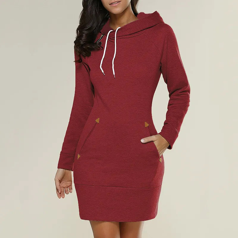 Sweatkleid | Taschen | Kaputzen | Knielang | Lange Ärmel | Einfarbig-Rot-S-Luzern Mode