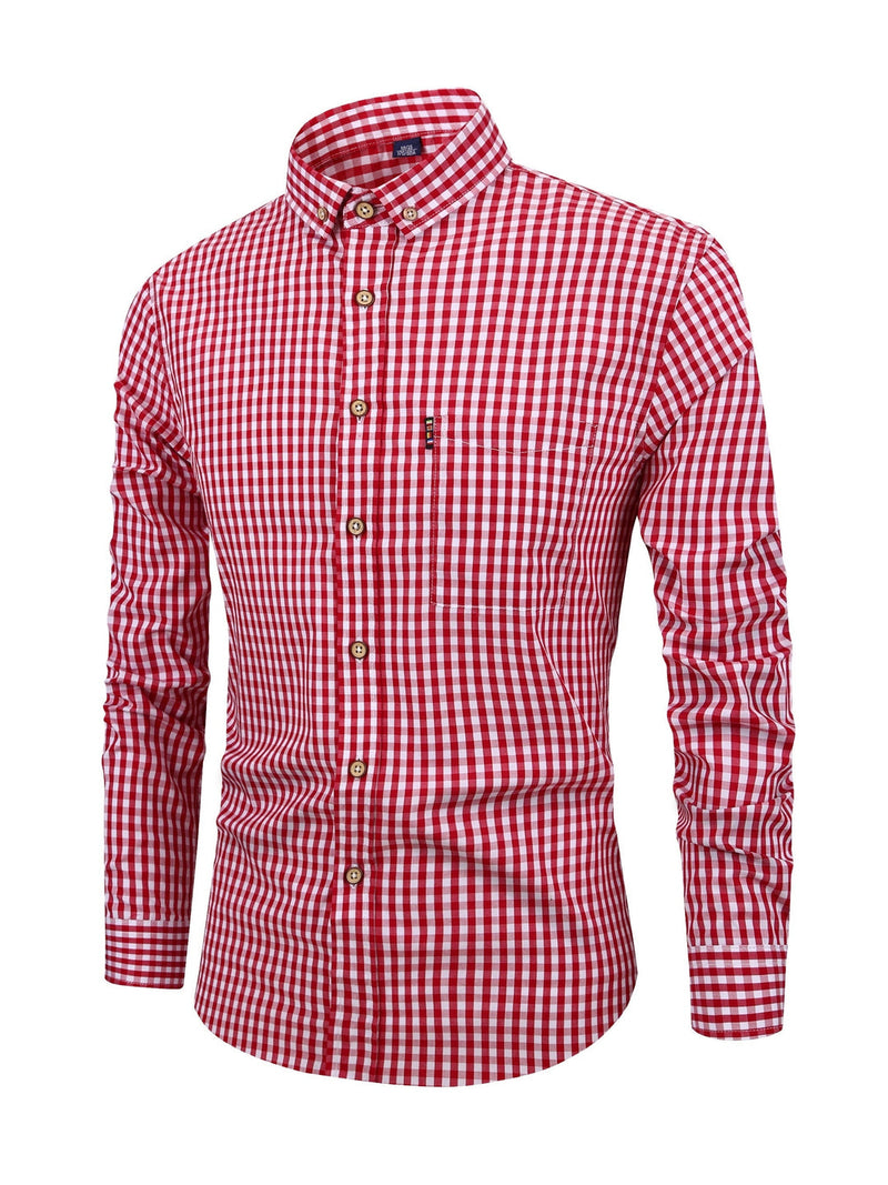 Kariert Herrenhemd | Knöpfe | Tailliert | Kragen | Lange Ärmel-Rot-XS-Luzern Mode