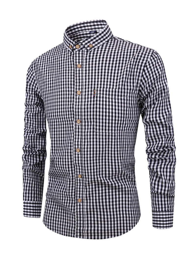 Kariert Herrenhemd | Knöpfe | Tailliert | Kragen | Lange Ärmel-Schwarz-XS-Luzern Mode