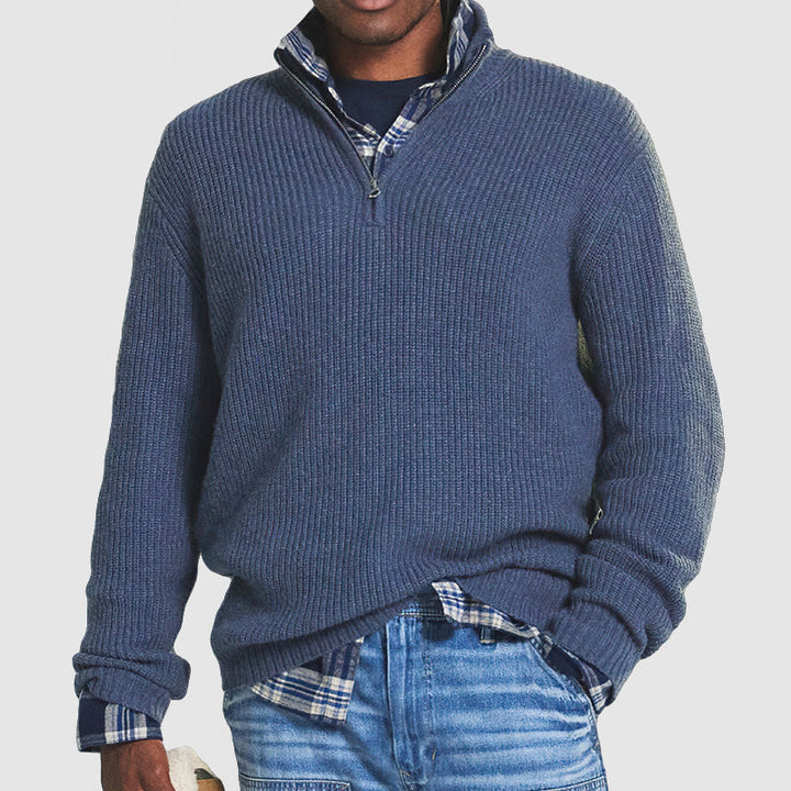 Herrenpullover mit halbem Reißverschluss | Kaschmir | Streifenmuster | Uni | Warm-Blau-S-Luzern Mode