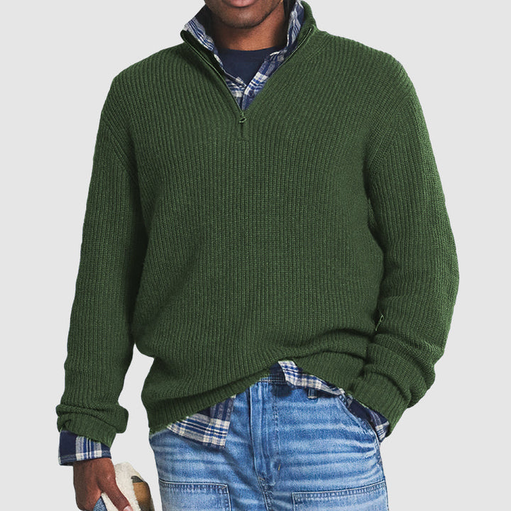 Herrenpullover mit halbem Reißverschluss | Kaschmir | Streifenmuster | Uni | Warm-Grün-S-Luzern Mode