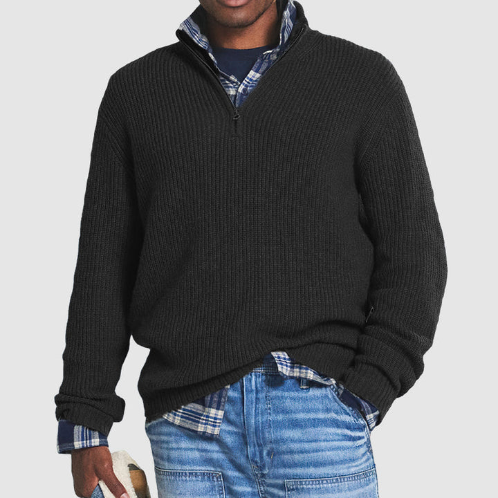 Herrenpullover mit halbem Reißverschluss | Kaschmir | Streifenmuster | Uni | Warm-Schwarz-S-Luzern Mode