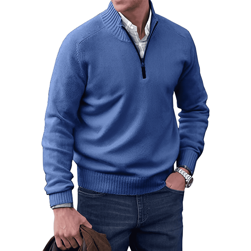 Herren Strickpullover mit Reißverschluss und Stehkragen-Blau-M-Luzern Mode