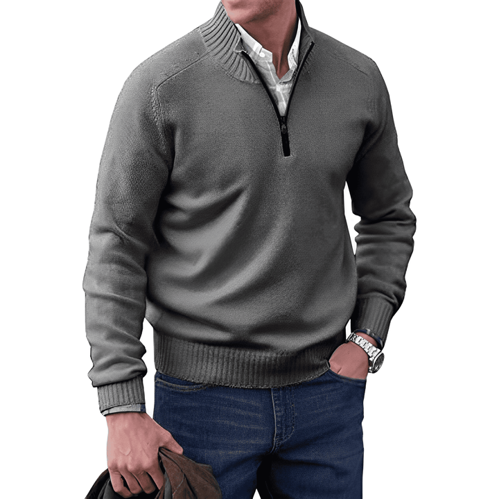 Herren Strickpullover mit Reißverschluss und Stehkragen-Dunkelgrau-M-Luzern Mode