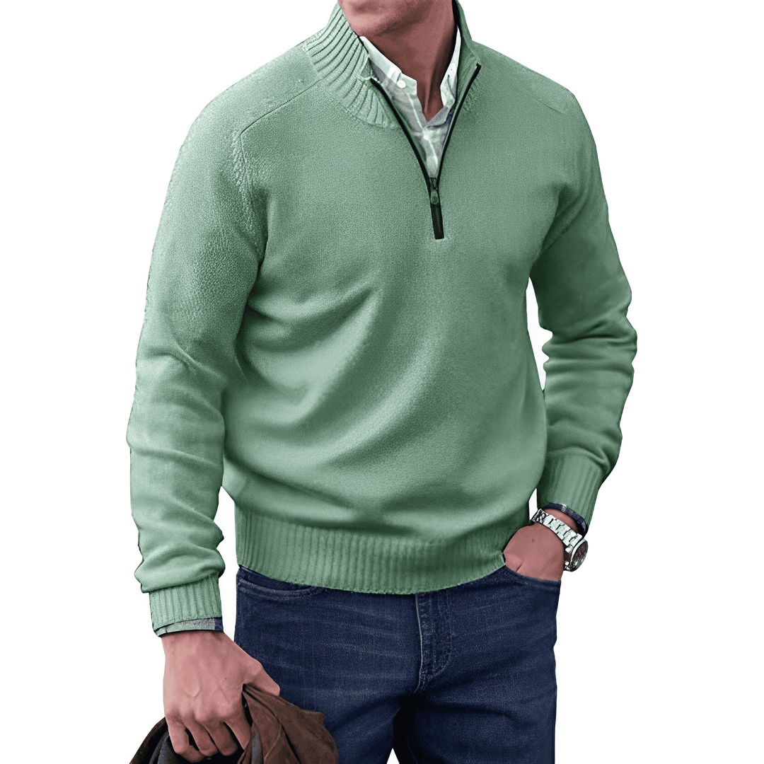 Herren Strickpullover mit Reißverschluss und Stehkragen-Grün-M-Luzern Mode