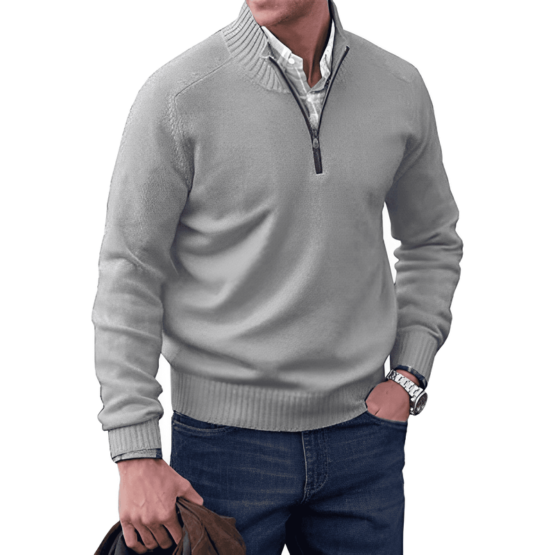 Herren Strickpullover mit Reißverschluss und Stehkragen-Hellgrau-M-Luzern Mode