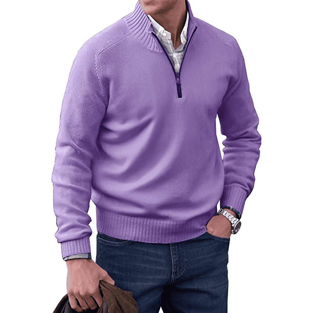 Herren Strickpullover mit Reißverschluss und Stehkragen-Lila-M-Luzern Mode