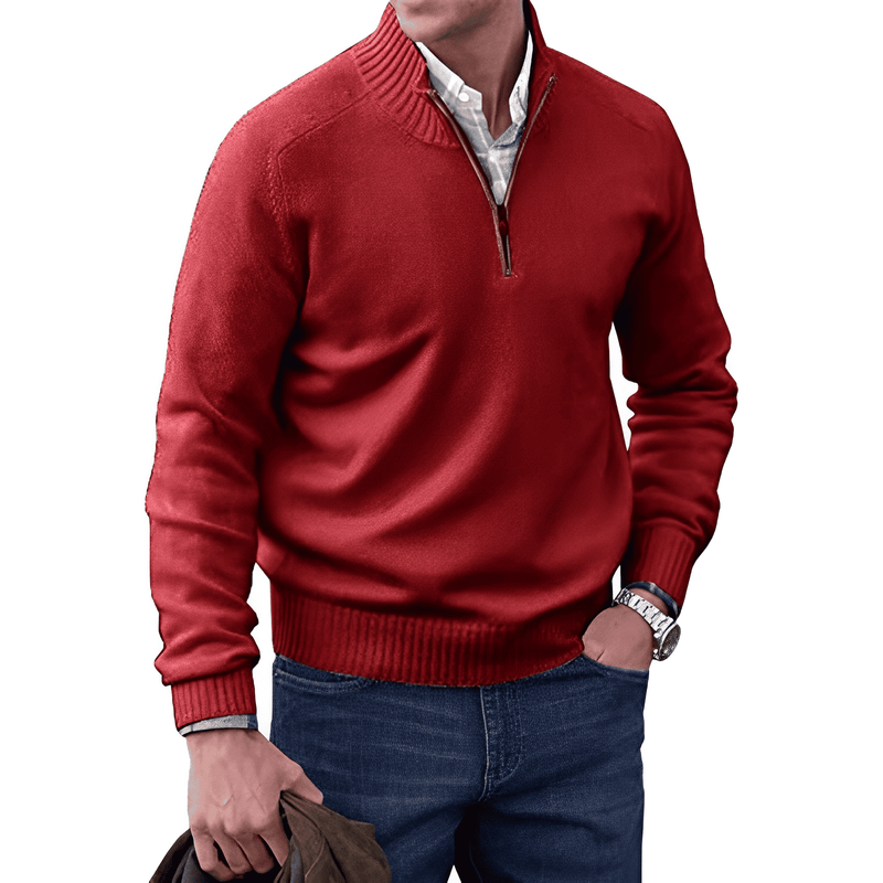 Herren Strickpullover mit Reißverschluss und Stehkragen-Rot-M-Luzern Mode