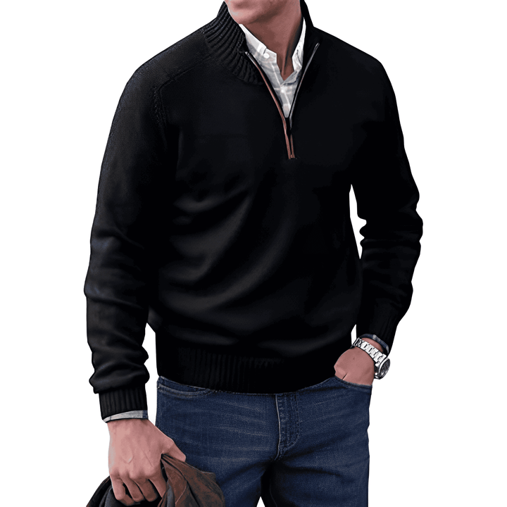 Herren Strickpullover mit Reißverschluss und Stehkragen-Schwarz-M-Luzern Mode