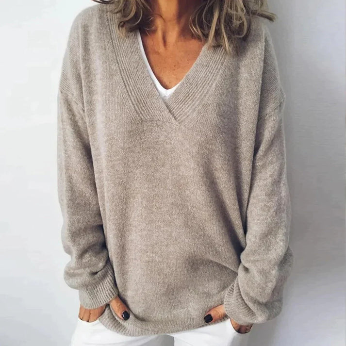 Damen Strickpullover V-Ausschnitt - Bequemer Herbst-Look-Beige-S-Luzern Mode