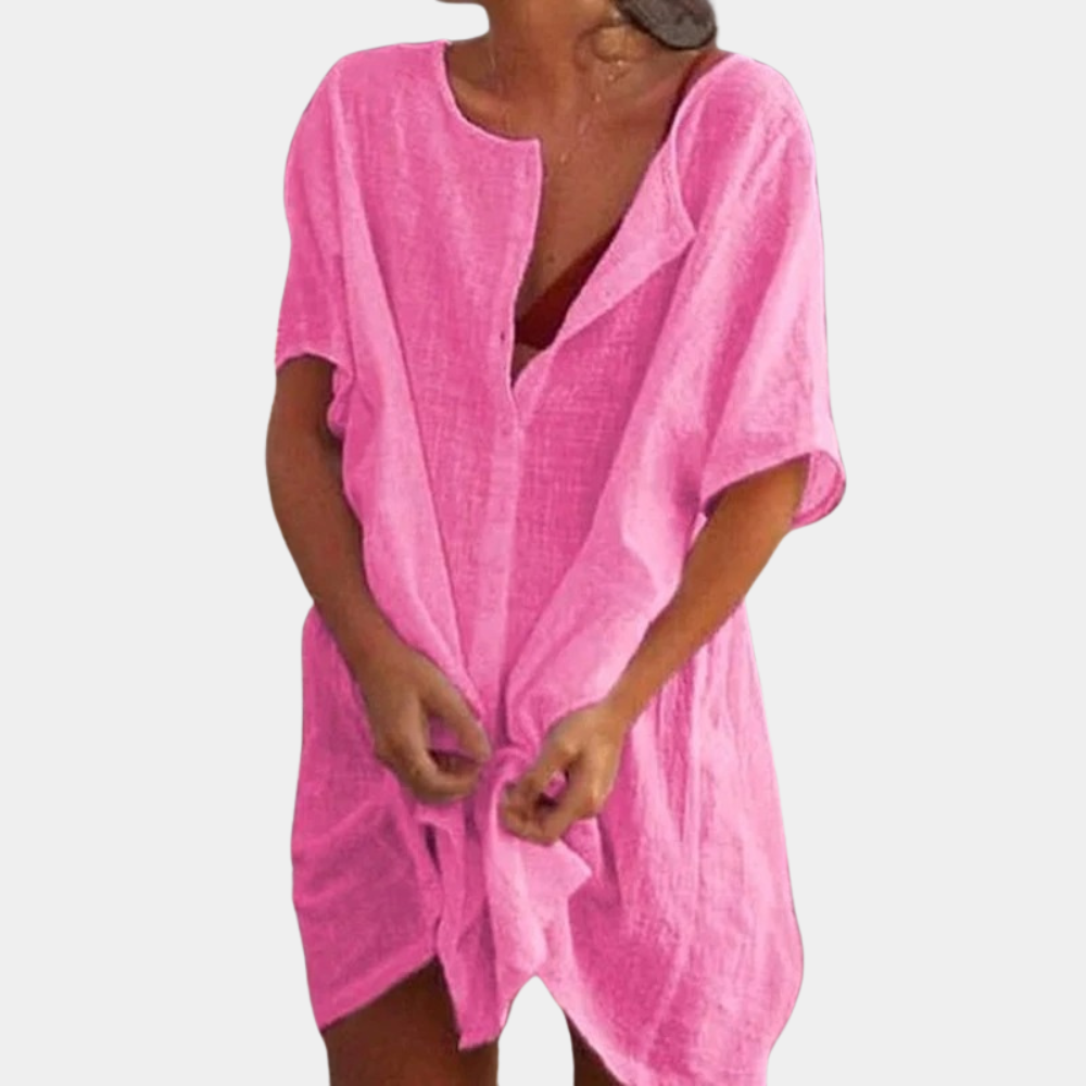 Leinenkleid Damen Sommerkleid Strandmode Tunika Look-Rosa-S-Luzern Mode