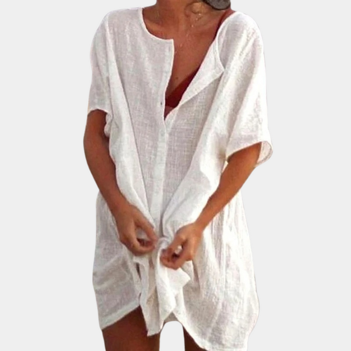 Leinenkleid Damen Sommerkleid Strandmode Tunika Look-Weiß-S-Luzern Mode