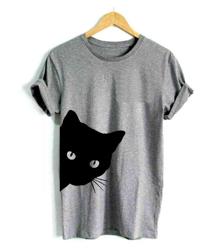 Damen T-Shirt | Katzenprint | Kurzarm | Baumwolle | Rundhals-Grau-S-Luzern Mode