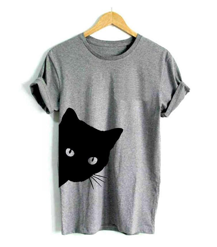 Damen T-Shirt | Katzenprint | Kurzarm | Baumwolle | Rundhals-Grau-S-Luzern Mode