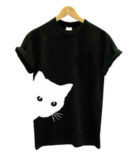 Damen T-Shirt | Katzenprint | Kurzarm | Baumwolle | Rundhals-Schwartz-S-Luzern Mode
