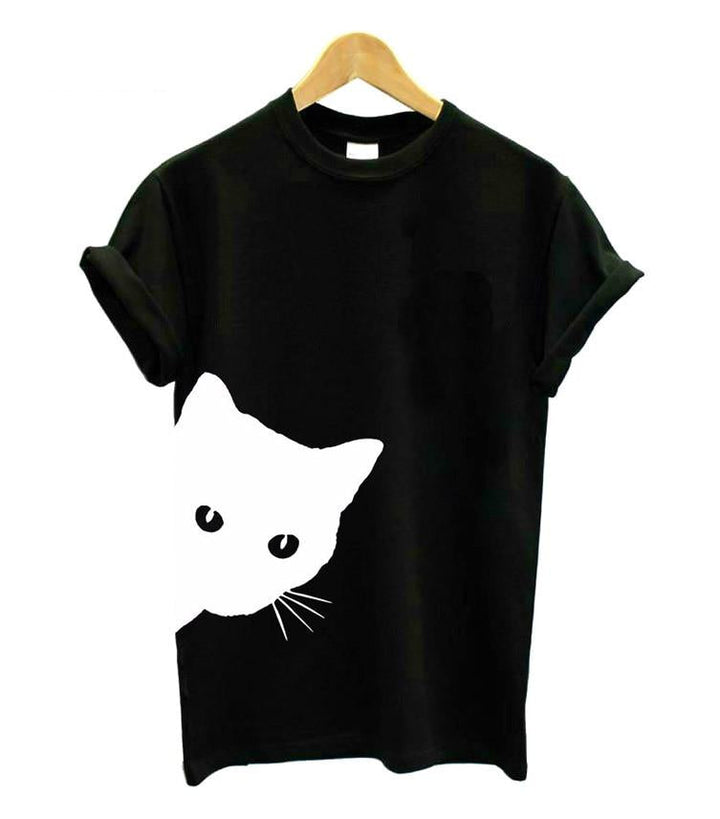 Damen T-Shirt | Katzenprint | Kurzarm | Baumwolle | Rundhals-Schwartz-S-Luzern Mode