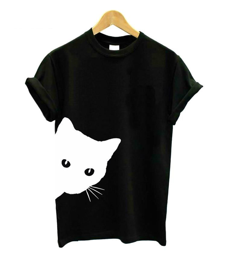 Damen T-Shirt | Katzenprint | Kurzarm | Baumwolle | Rundhals-Schwartz-S-Luzern Mode