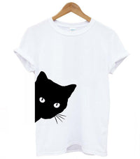 Damen T-Shirt | Katzenprint | Kurzarm | Baumwolle | Rundhals-Weiß-S-Luzern Mode