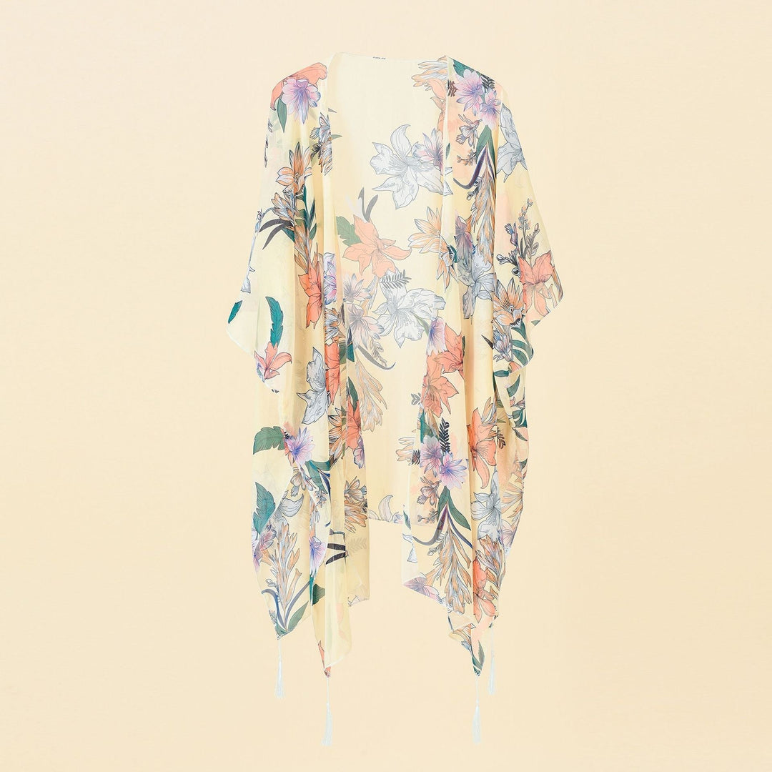 Kimono-Überwurf mit Blumenmuster und Fransen – Liora