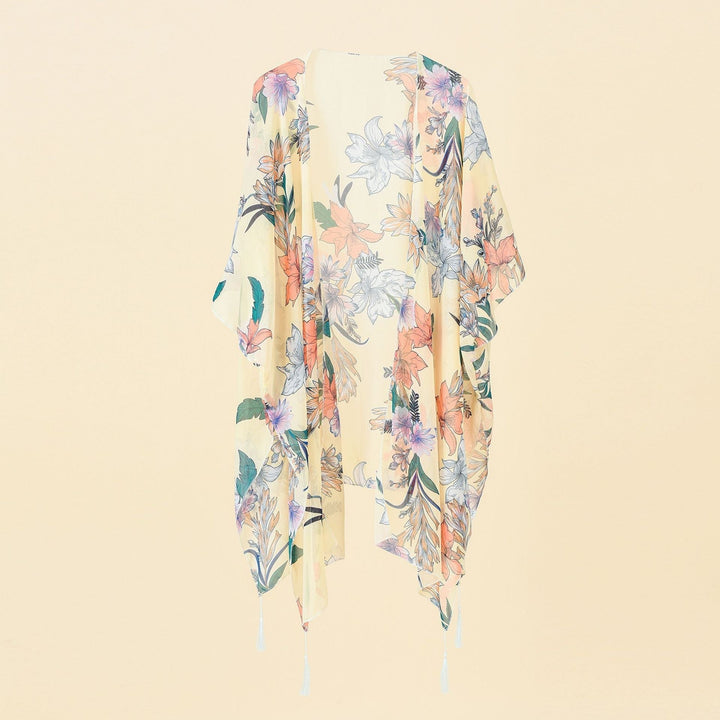 Kimono-Überwurf mit Blumenmuster und Fransen – Liora