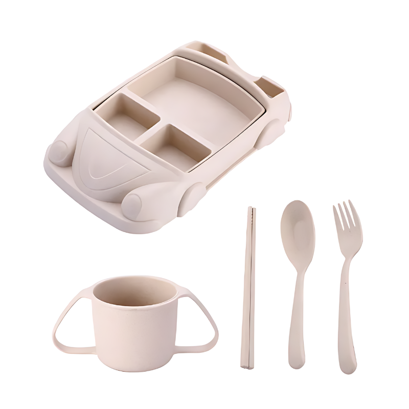 Kinder Essgeschirr | Fahrzeuge | Teller | Fächer | Becher | Besteck | Spaß | Vielseitig-Auto 2-Beige-Luzern Mode