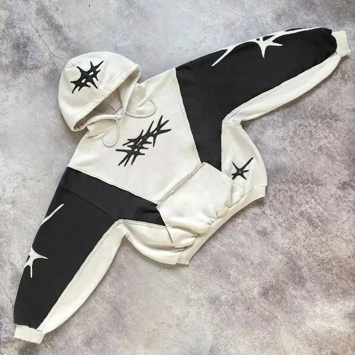 Unisex Hoodie mit Abstraktem Design und Kapuze-Schwarz Weiß-XS-Luzern Mode