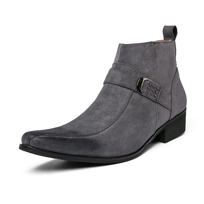 Herren Stiefeletten mit Schnalle - Elegante Lederstiefel-Grau-39-Luzern Mode
