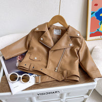 Kinder Lederjacke Biker-Stil mit Reißverschluss und Gürtel-Braun-12-24M (90)-Luzern Mode