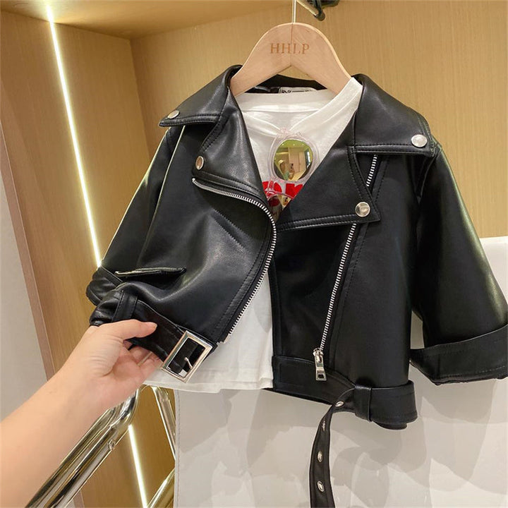 Kinder Lederjacke Biker-Stil mit Reißverschluss und Gürtel-Schwarz-2-12-24M (90)-Luzern Mode