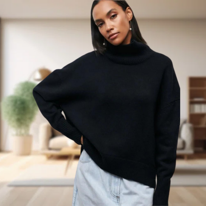 Oversized Damen Rollkragenpullover - Strickmode Wintertrends 2023-Schwarz-S-Luzern Mode