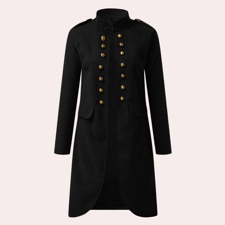 Damen Mantel im Militärstil mit Knopfleiste und Stehkragen-Schwarz-XS-Luzern Mode