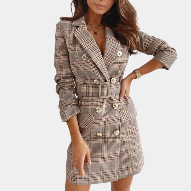 Elegantes Damen Blazerkleid mit Gürtel und Knopfleiste-Beige-S-Luzern Mode
