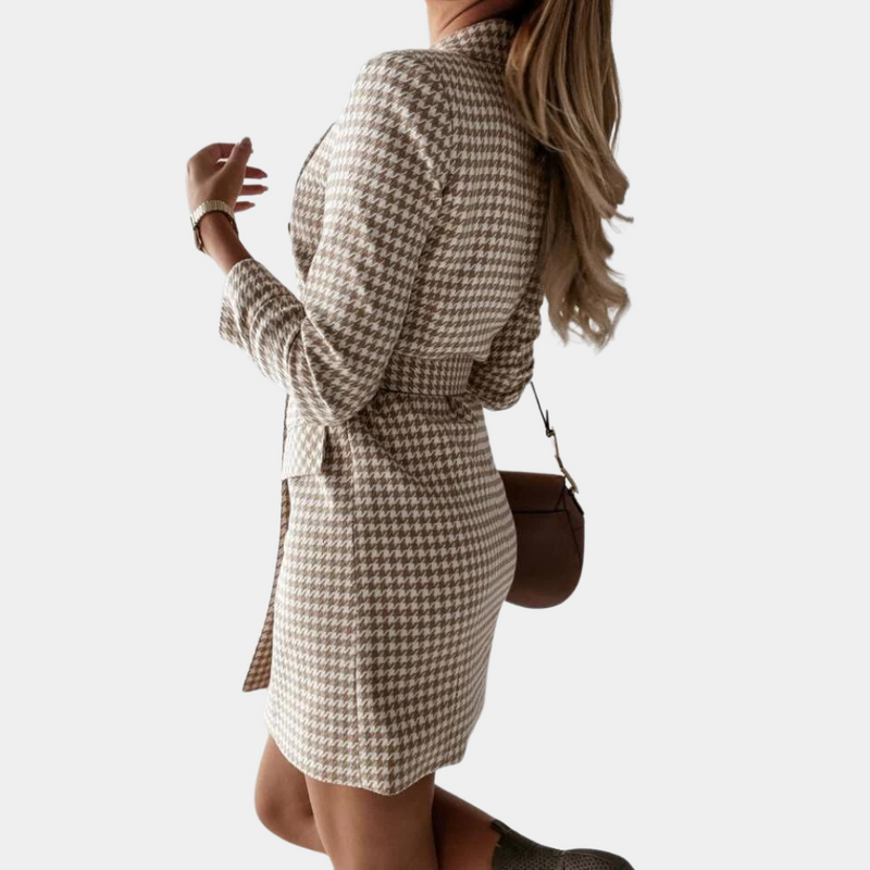 Elegantes Damen Blazerkleid mit Gürtel und Knopfleiste-Khaki-S-Luzern Mode