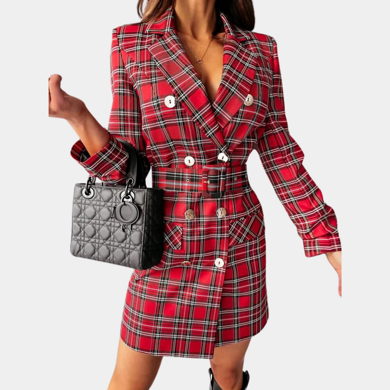 Elegantes Damen Blazerkleid mit Gürtel und Knopfleiste-Rot-S-Luzern Mode