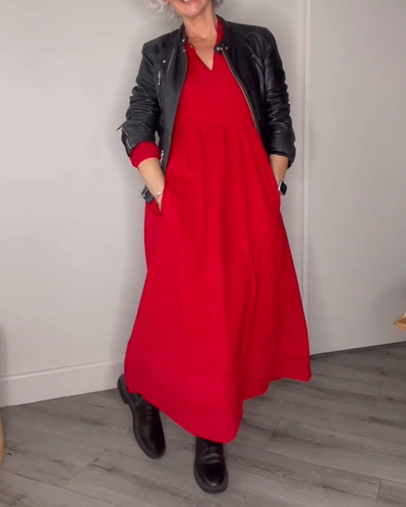 Damen Maxikleid mit Lederjacke - Eleganter Herbstlook-Luzern Mode