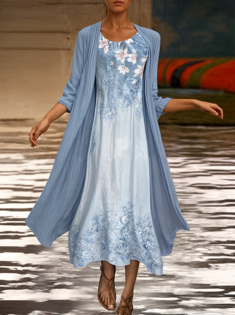 Kleid mit Blumenmuster | Knielang | Locker | Kurzarm | Rundhals-Hellblau-S-Luzern Mode