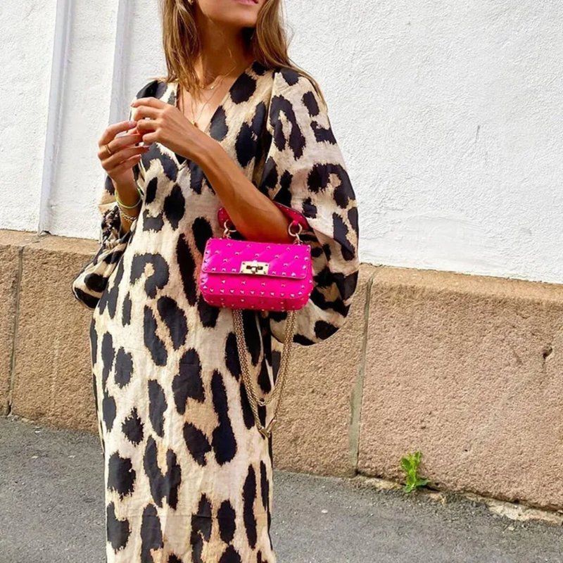 Leopardenmuster Maxikleid mit modischer Umhängetasche-Luzern Mode